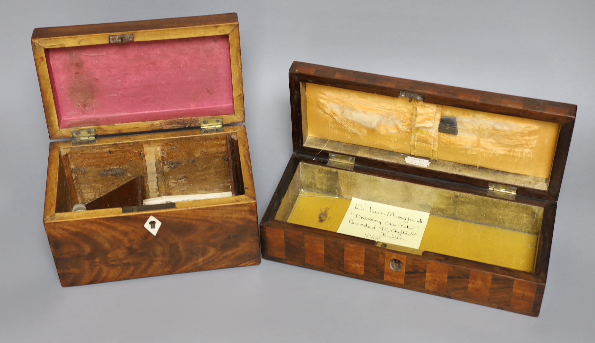 A George III inlaid mahogany tea caddy, a Victorian satinwood and rosewood domed topped glove box, a burr wood circular tray, a George III inlaid mahogany domed topped easel mirror and a pair of turned hardwood cups
